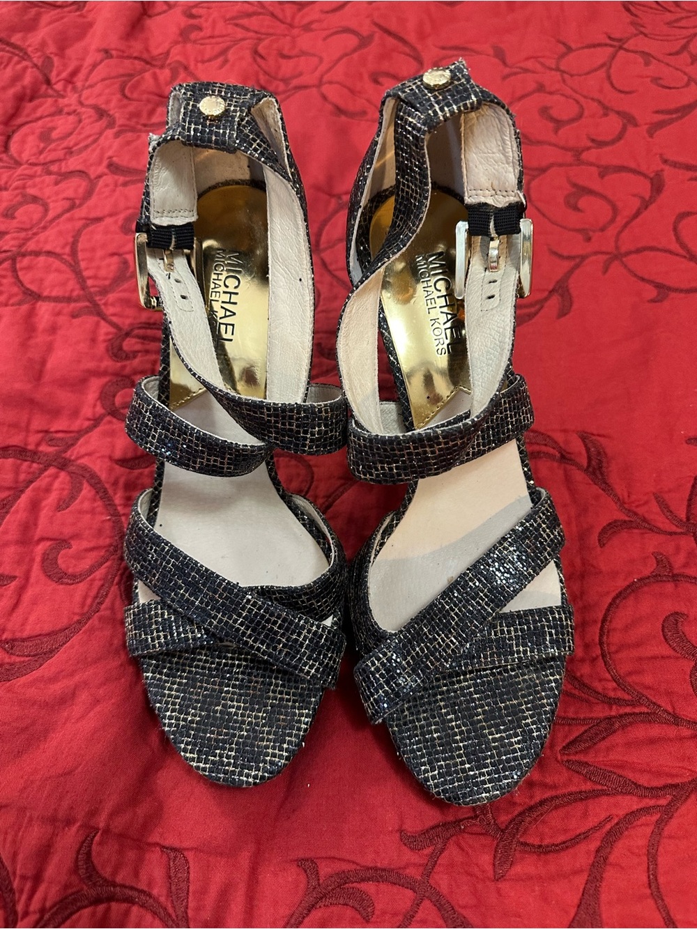 MICHAEL Michael Kors Black and Silver Snakeskin-Effect Strappy Platform Heels